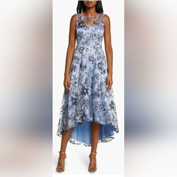 Eliza J Illusion Neck High/Low Floral Dress NWT size 4 Blue - Picture 1 of 6